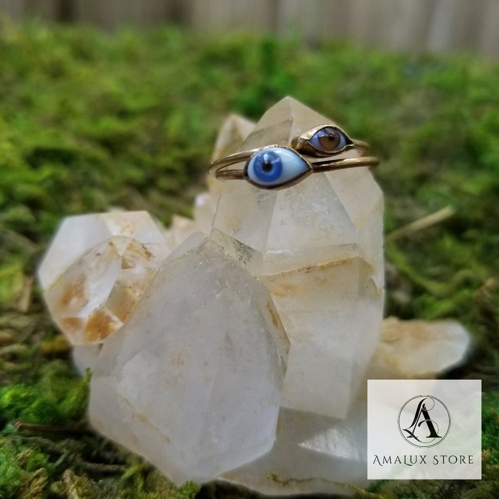 2 Tiny Evil Eye Brass Rings